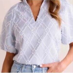 THML puff sleeve diamond/pinstripe ruffle hem shirt top Sz L blue/white